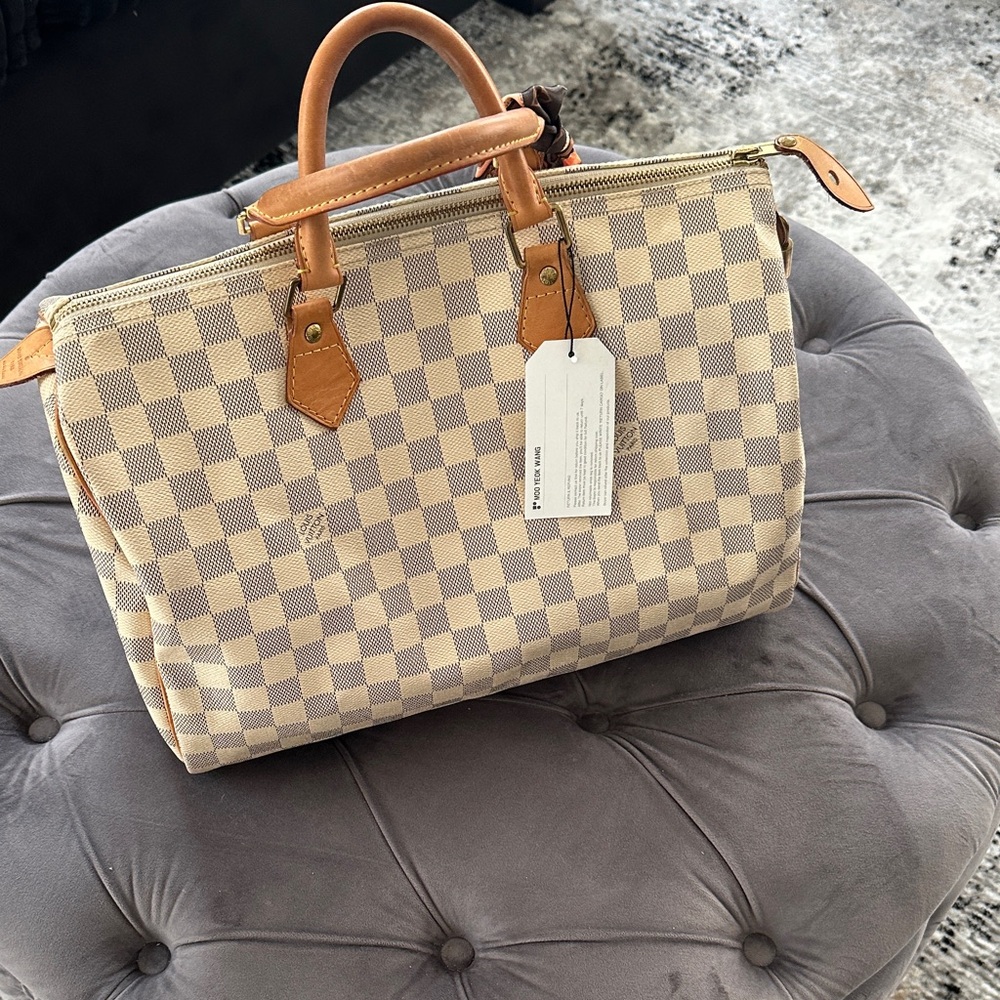 Louis Vuitton Tan and Cream Checkered Satchel